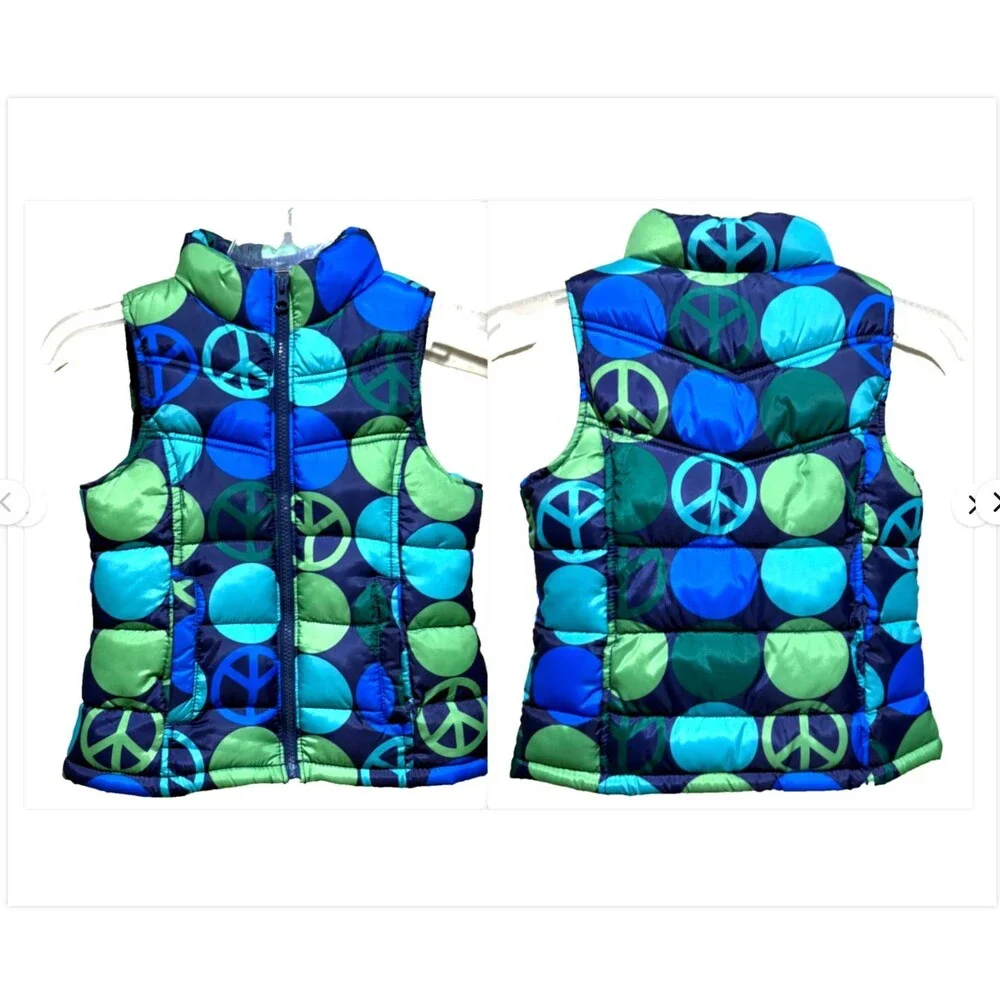 Old Navy Girls Puffer Vest XS Blue Green Peace Sign Bubble Y2K Retro Zip Coat